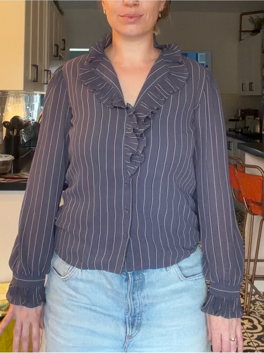 Vintage 70s Ruffle-Trim Navy Pinstripe Blouse - Picture 9 of 12